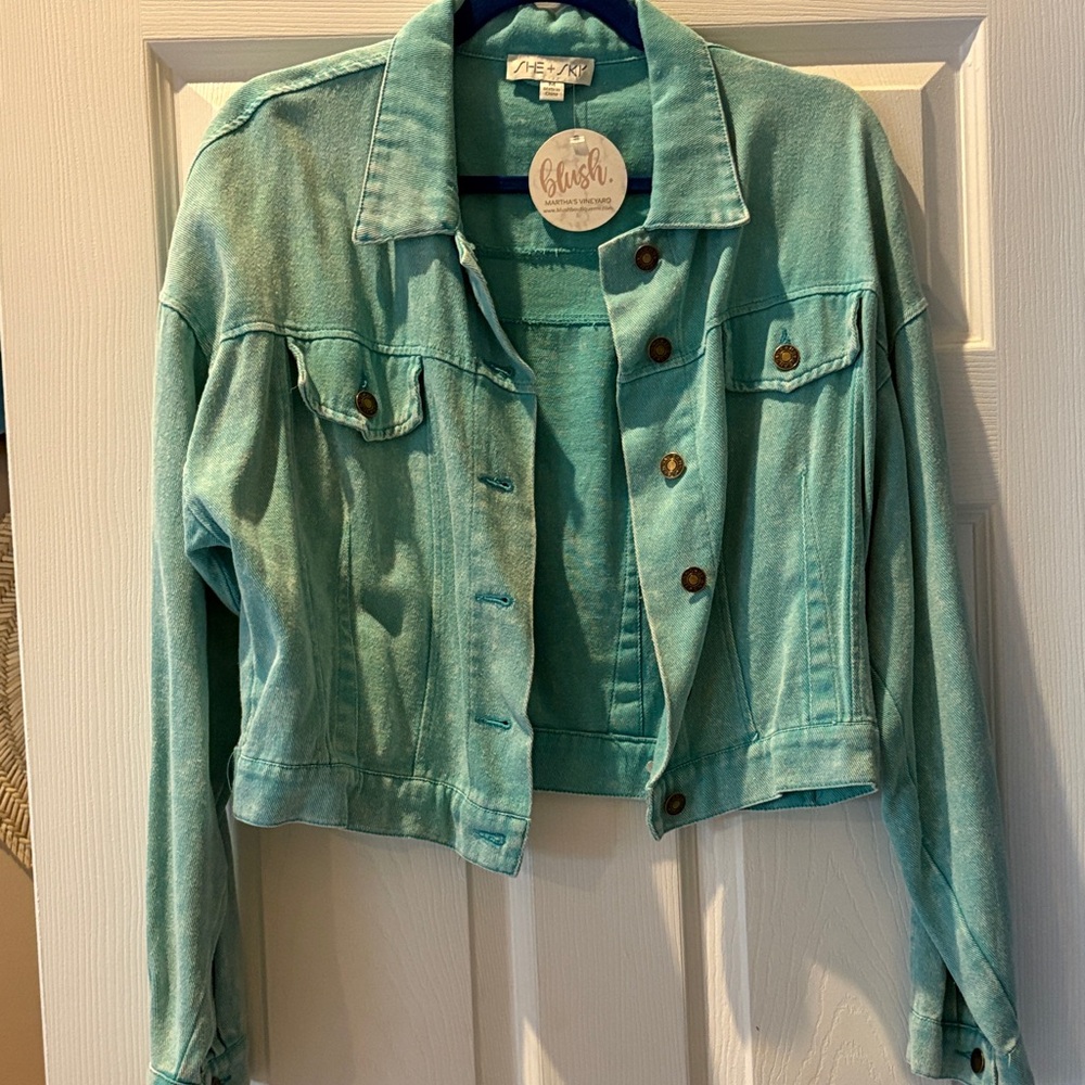 Blank NYC Mint Green Cropped Denim Jacket